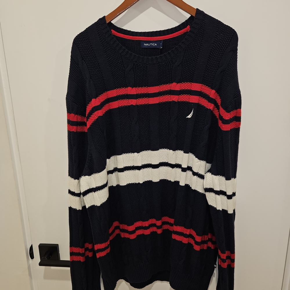 Nautica Men's Black Sweater with Red and White Stripes